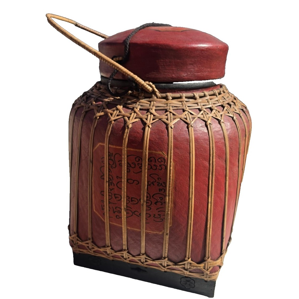 Vintage Asian Red Lacquer Woven Bamboo Canister Rice Basket Jar Container Lidded